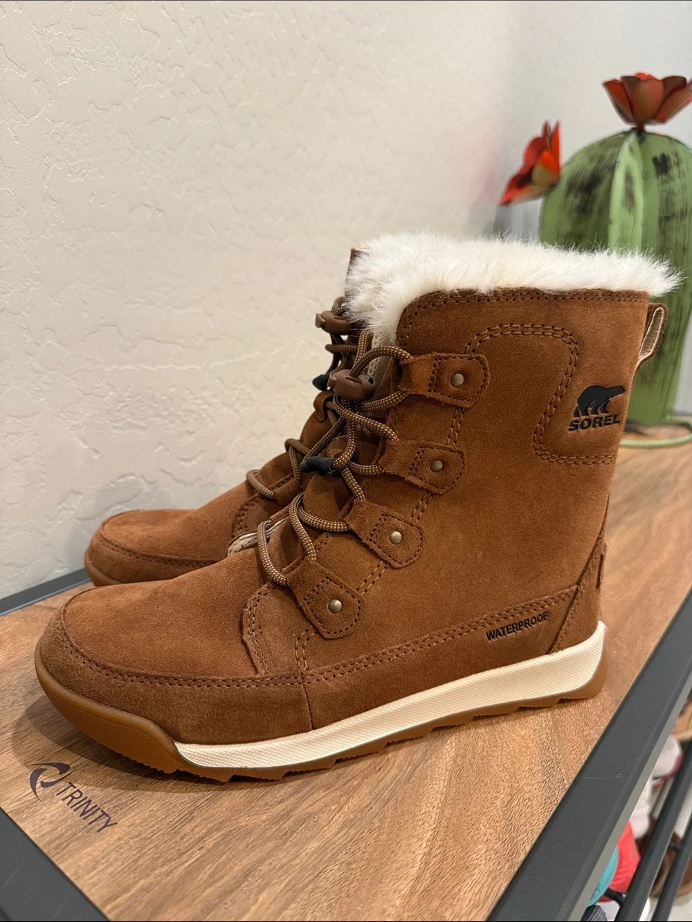 Sorel Brown Suede Whitney II Joan Boots with Cream Faux Fur Trim, new